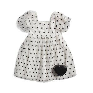 YOUNG HEARTS White/black Girls Puff Sleeve Heart Dress With Purse